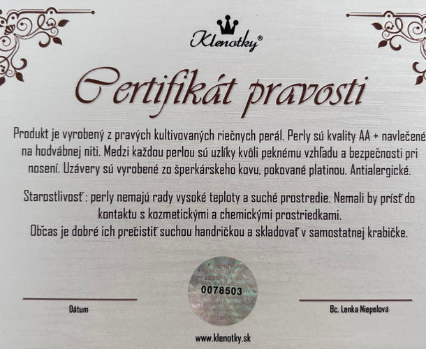 Certifikát pravosti – riečne kultivované perly