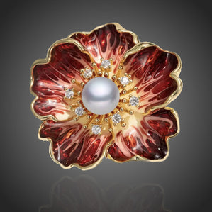 brošňa červený kvet s pravou perlou
