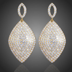 náušnice luxusné dlhé spoločenské lístky zlaté so zirkónmi